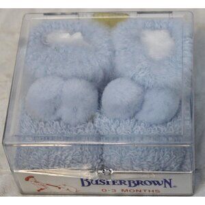 Vtg Buster Brown Newborn Infant Baby Shoes Booties Blue Terry Cloth PomPom Sock